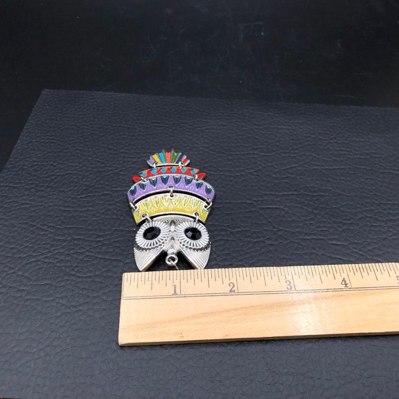 Vtg Articulated Multicolor Owl Pendant Enameled 3.5" Aztec Style w/ Crystal Eyes - Picture 5 of 7